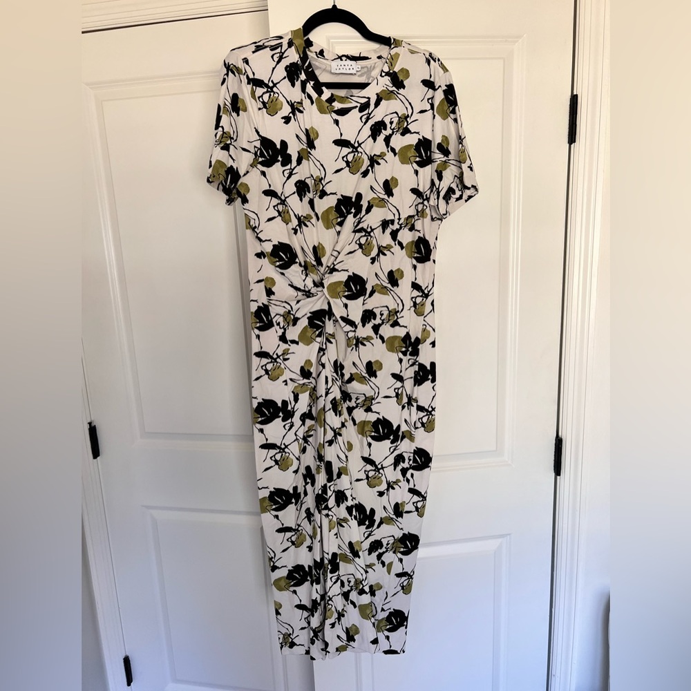 Tanya Taylor White Floral Midi Dress with Black and Olive Print